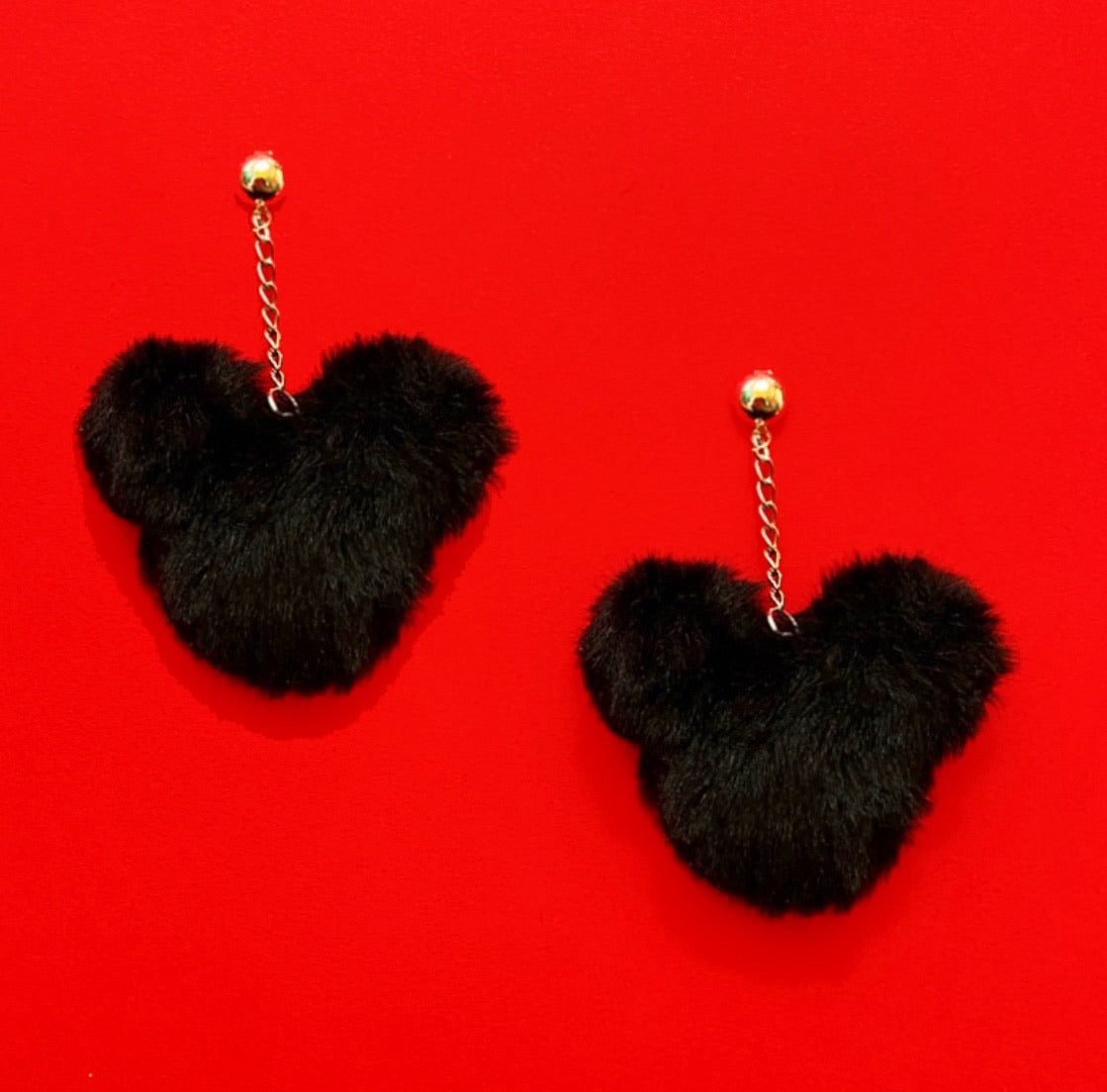 Black Plush Mouse Pom Pom Hanging Drop Earrings