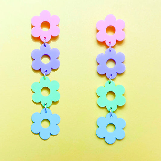 Pastel Retro Flower Tiered Acrylic Drop Earrings