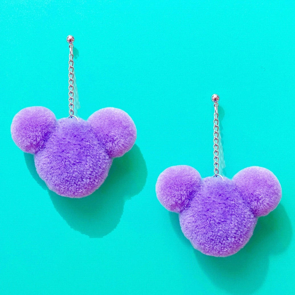 Purple Lavender Mouse Yarn Pom Pom Hanging Drop Earrings