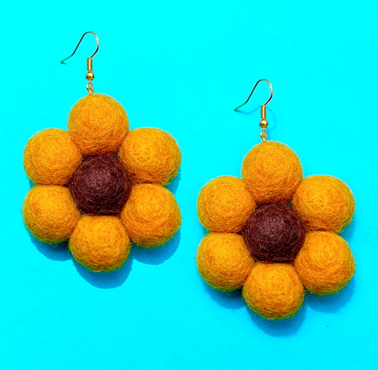 Yellow Sunflower Wool Felt Drop Earrings