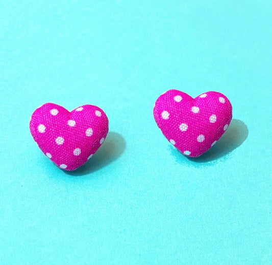 Hot Pink & White Polka Dot Heart Fabric Button Earrings