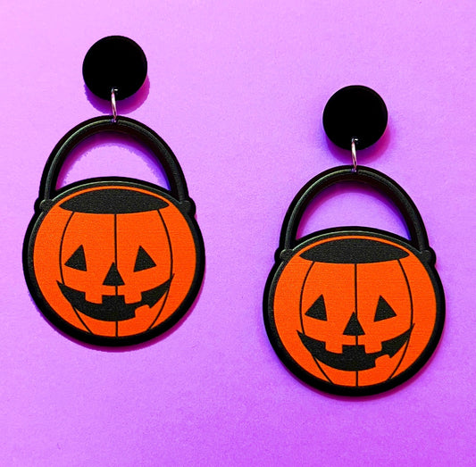 Jack-O-Lantern Pumpkin Bucket Acrylic Drop Earrings