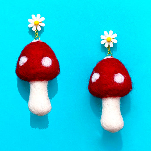 Red Mushroom & Daisy Wool Felt Drop Earrings
