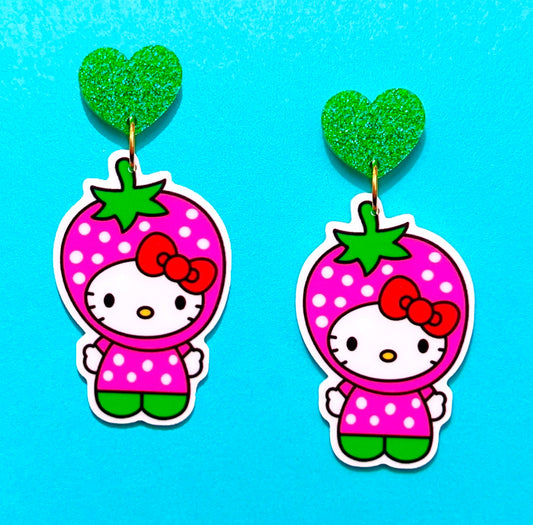 Strawberry Kitty Acrylic Drop Earrings