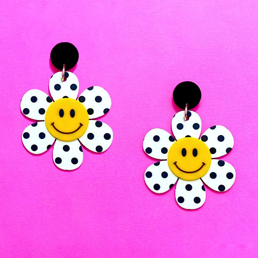 White & Black Polka Dot Flower Smiley Face Acrylic Drop Earrings