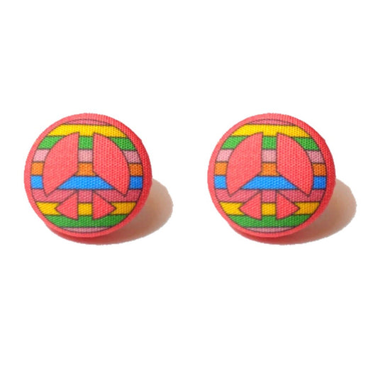 Peace Sign Retro 60s Inspired Flower Fabric Button Earrings