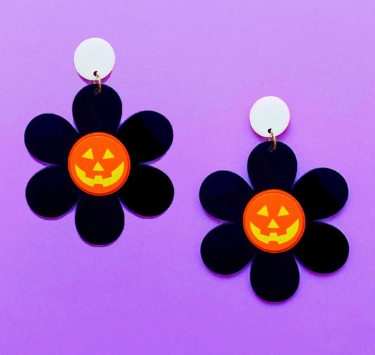 Black Flower Power Pumpkin Jack-O-Lantern Acrylic Drop Earrings