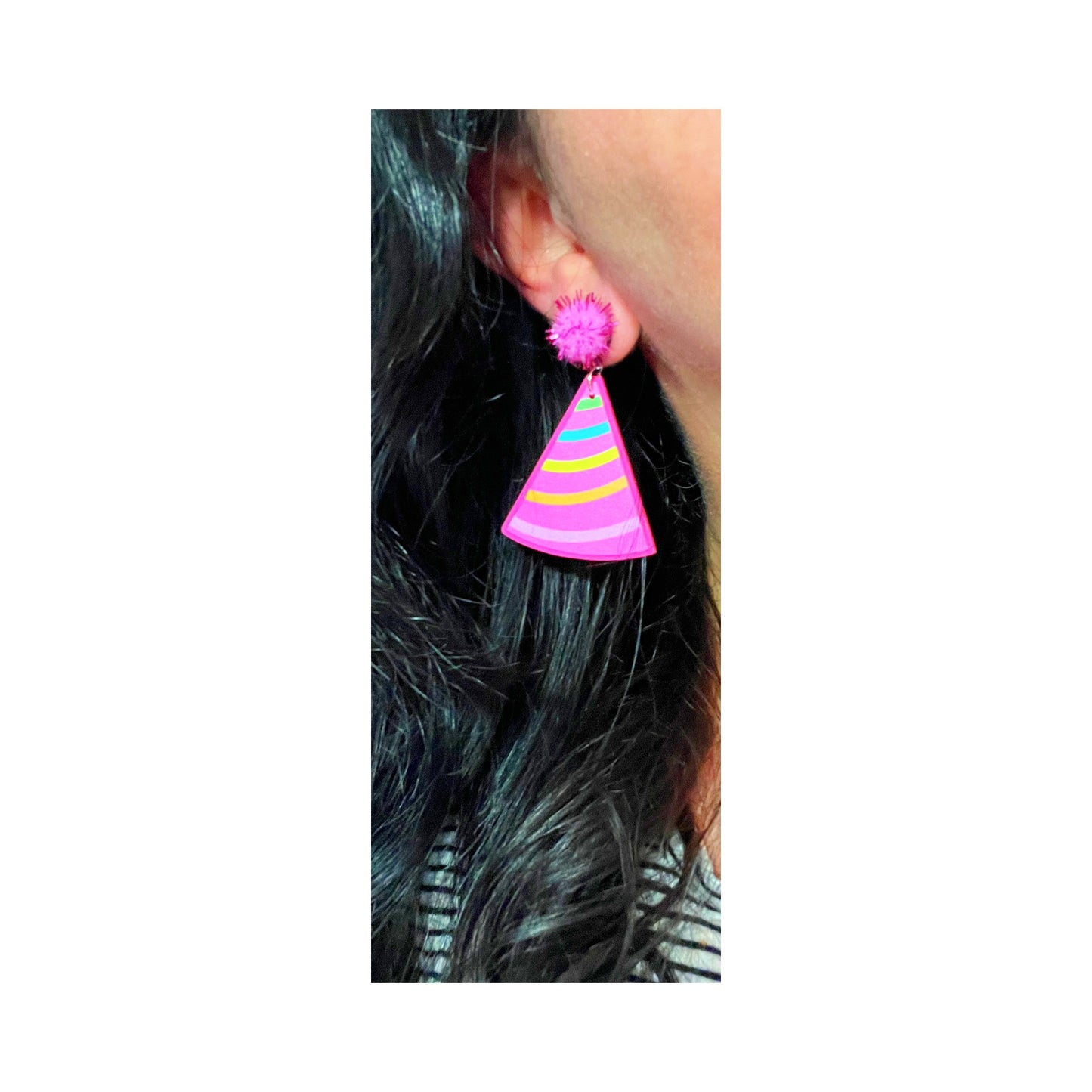 Pink Striped Pom Pom Party Hat Acrylic Drop Earrings