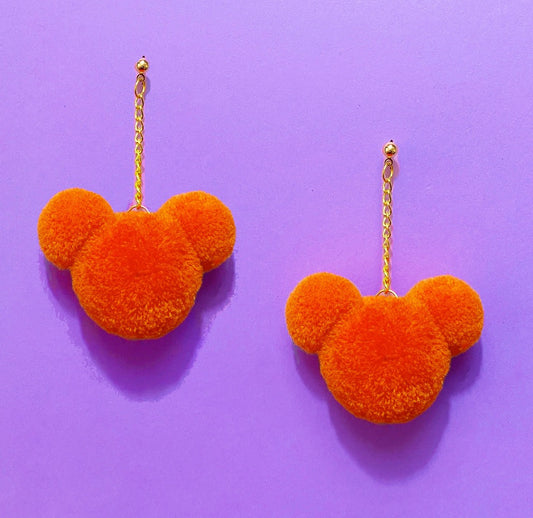 Orange Mouse Yarn Pom Pom Hanging Drop Earrings