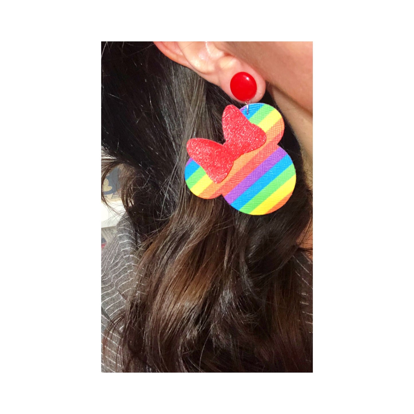 Mouse Bow Rainbow Stripe Drop Earrings