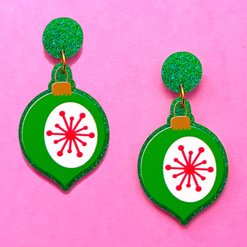 Green Retro Atomic Ornament Earrings