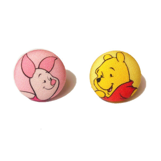 Pooh & Piglet Inspired Fabric Button Earrings