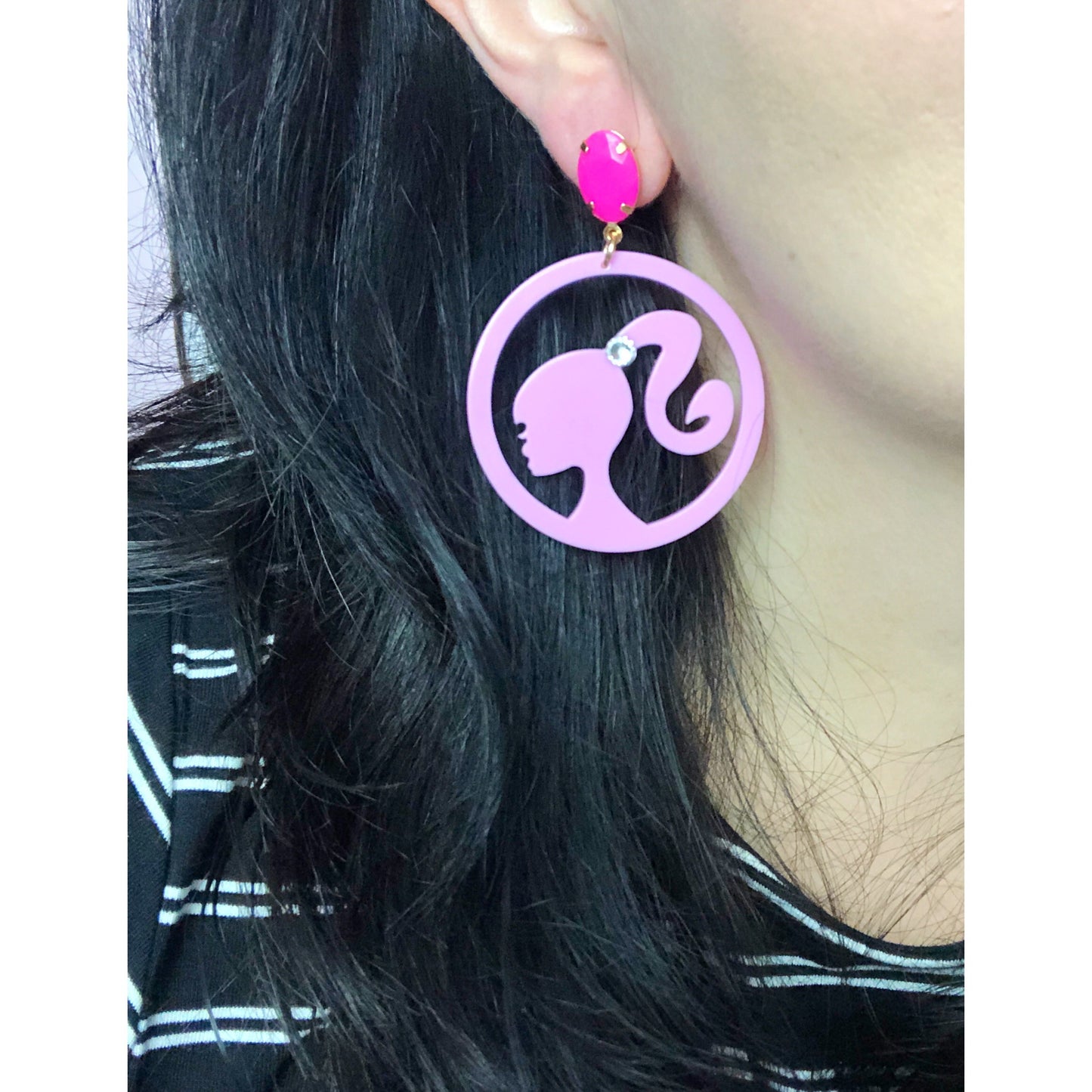 Retro Doll Silhouette Pink Drop Earrings