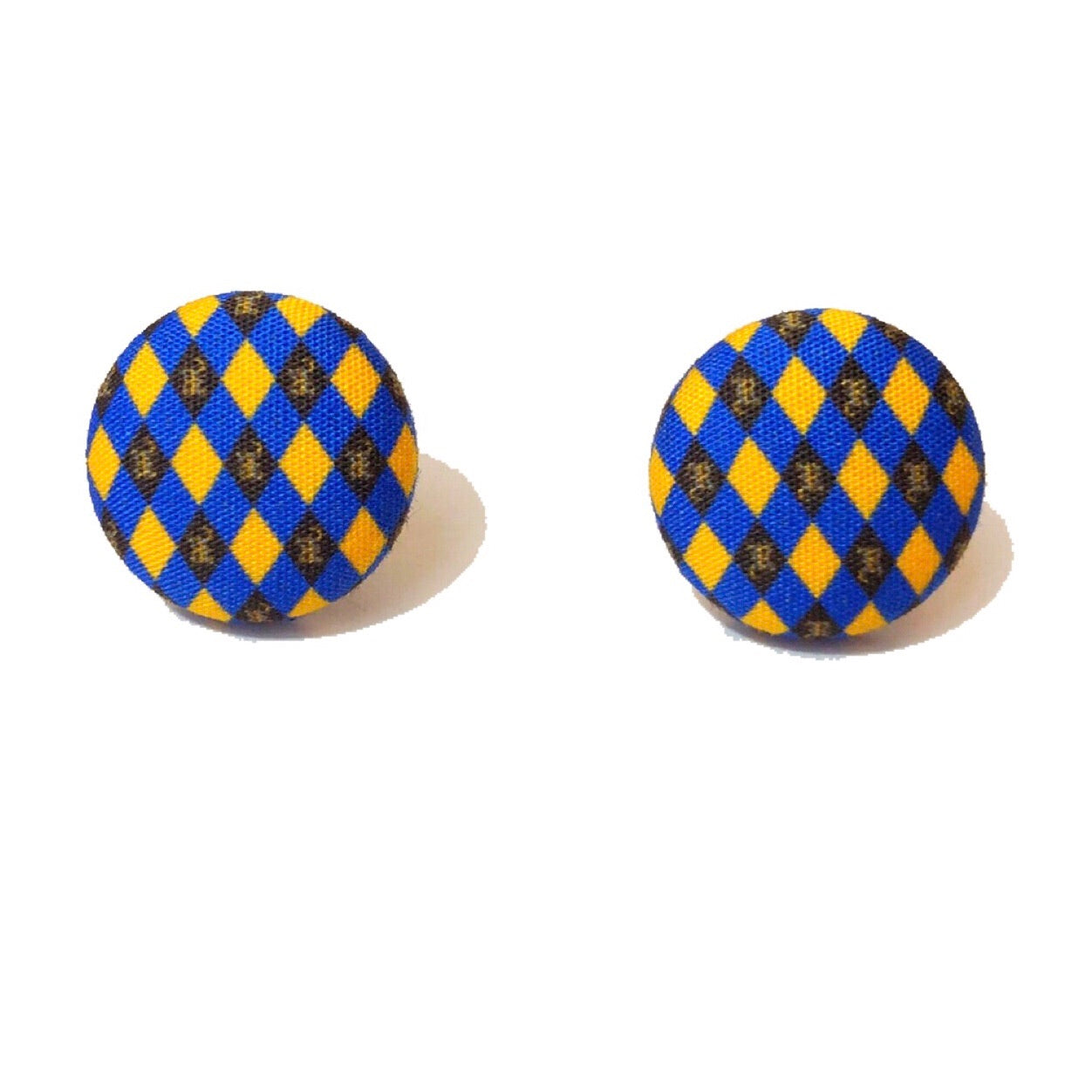 Blue & Gold Argyle Print Inspired Fabric Button Earring