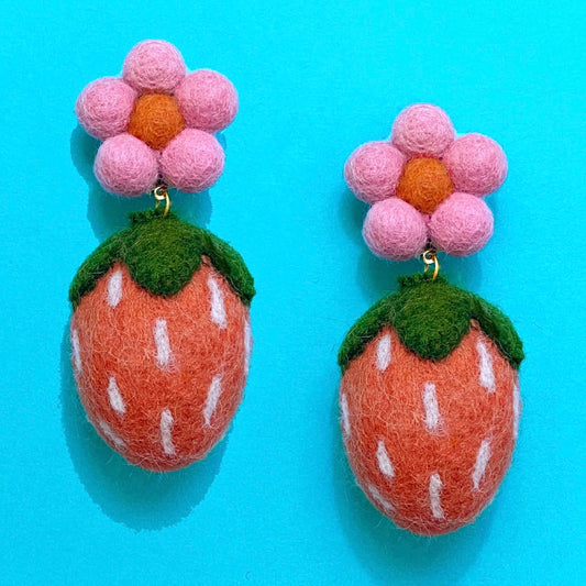 Pink Strawberry & Daisy Wool Felt Pom Pom Drop Earrings