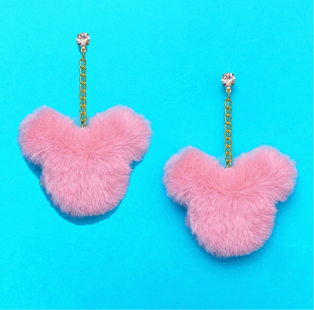 Blush Pastel Pink Plush Mouse Pom Pom Faux Mink Hanging Drop Earrings