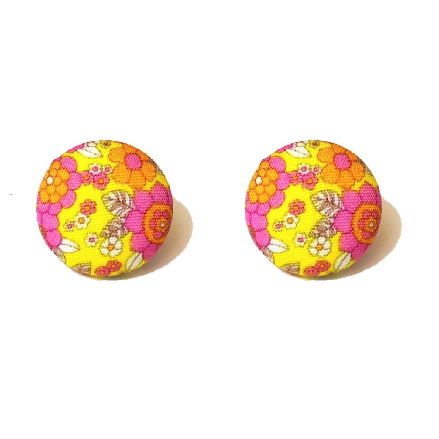 Yellow & Pink Retro Floral Fabric Button Earrings