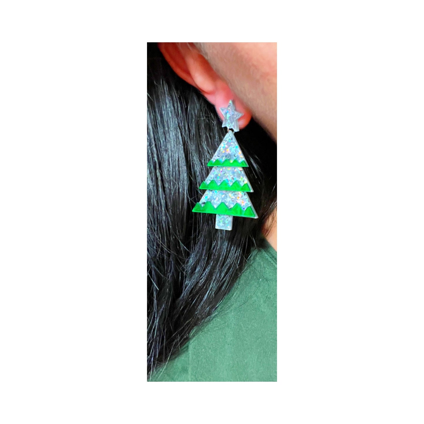 Silver Star Retro Christmas Tree Acrylic Drop Earrings