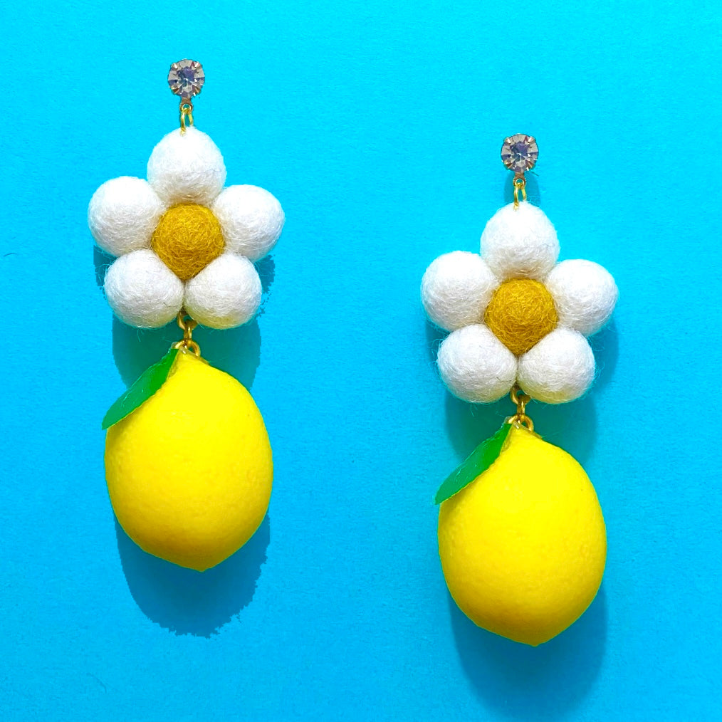 Lemon Blossom Daisy Wool Felt Drop Earrings