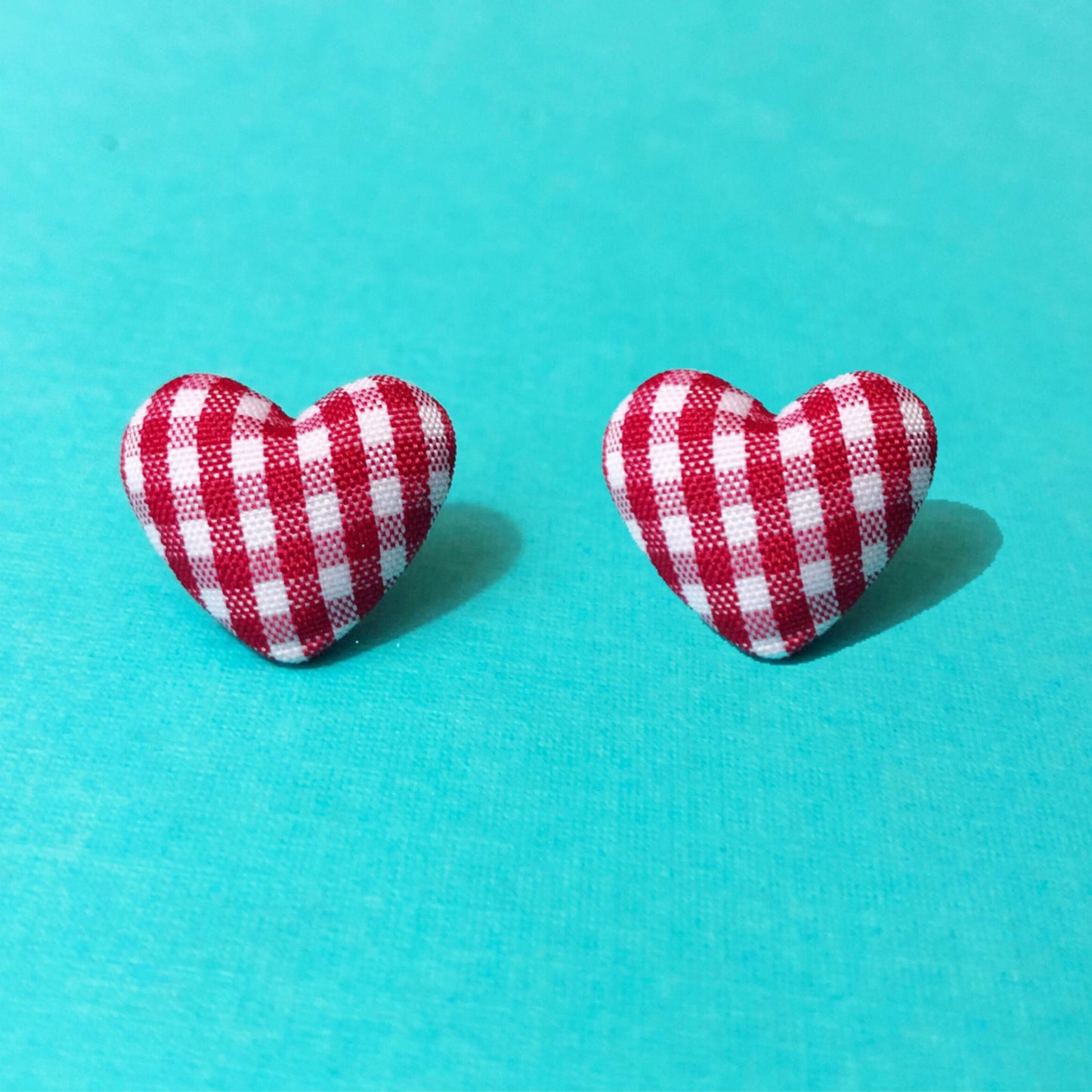 Red Gingham Heart Shaped Fabric Button Earrings