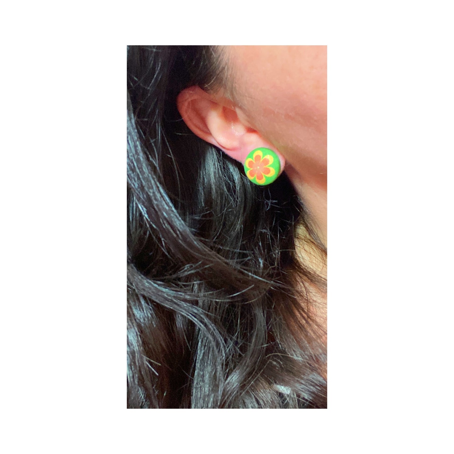 Orange, Yellow & Green Retro 60s Inspired Flower Fabric Button Earrings