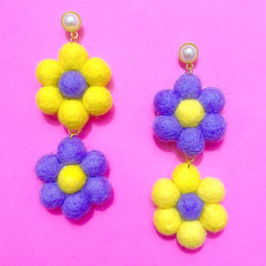 Yellow & Lavender Double Flower Wool Felt Drop Earrings