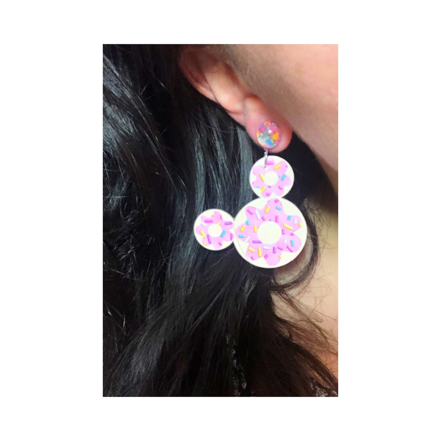 Mouse Donut Pink Frosting Drop Earrings