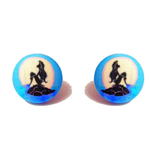 Blue Mermaid Silhouette Fabric Button Earrings