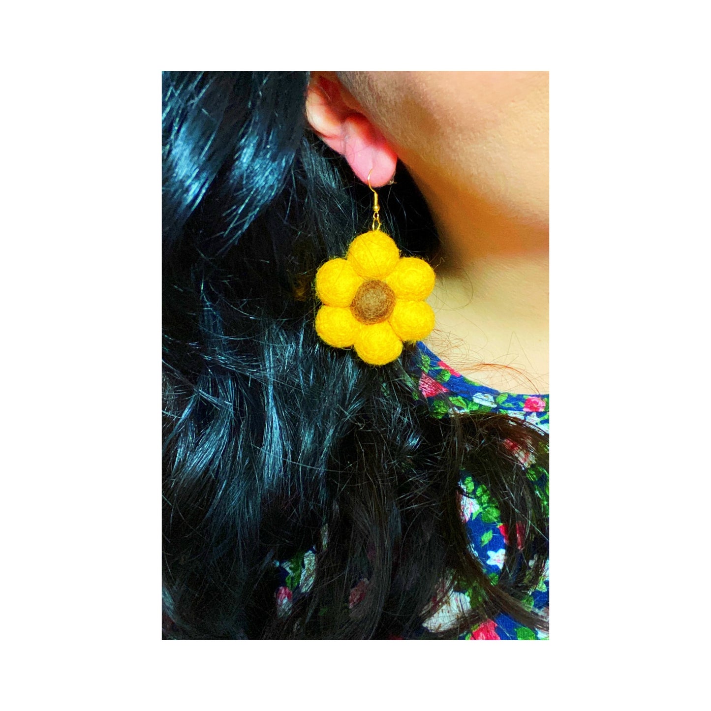Yellow Sunflower Wool Felt Drop Earrings