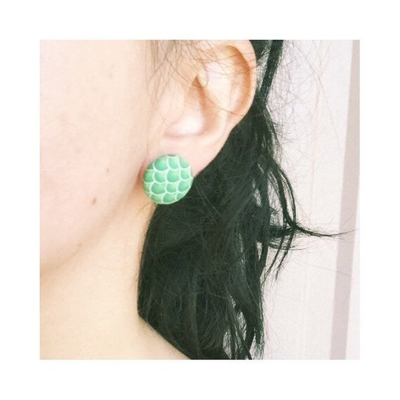 Green Mermaid Scale Fabric Button Earrings