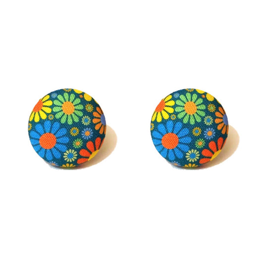 Navy Retro 1960s Flower Power Fabric Button Earrings