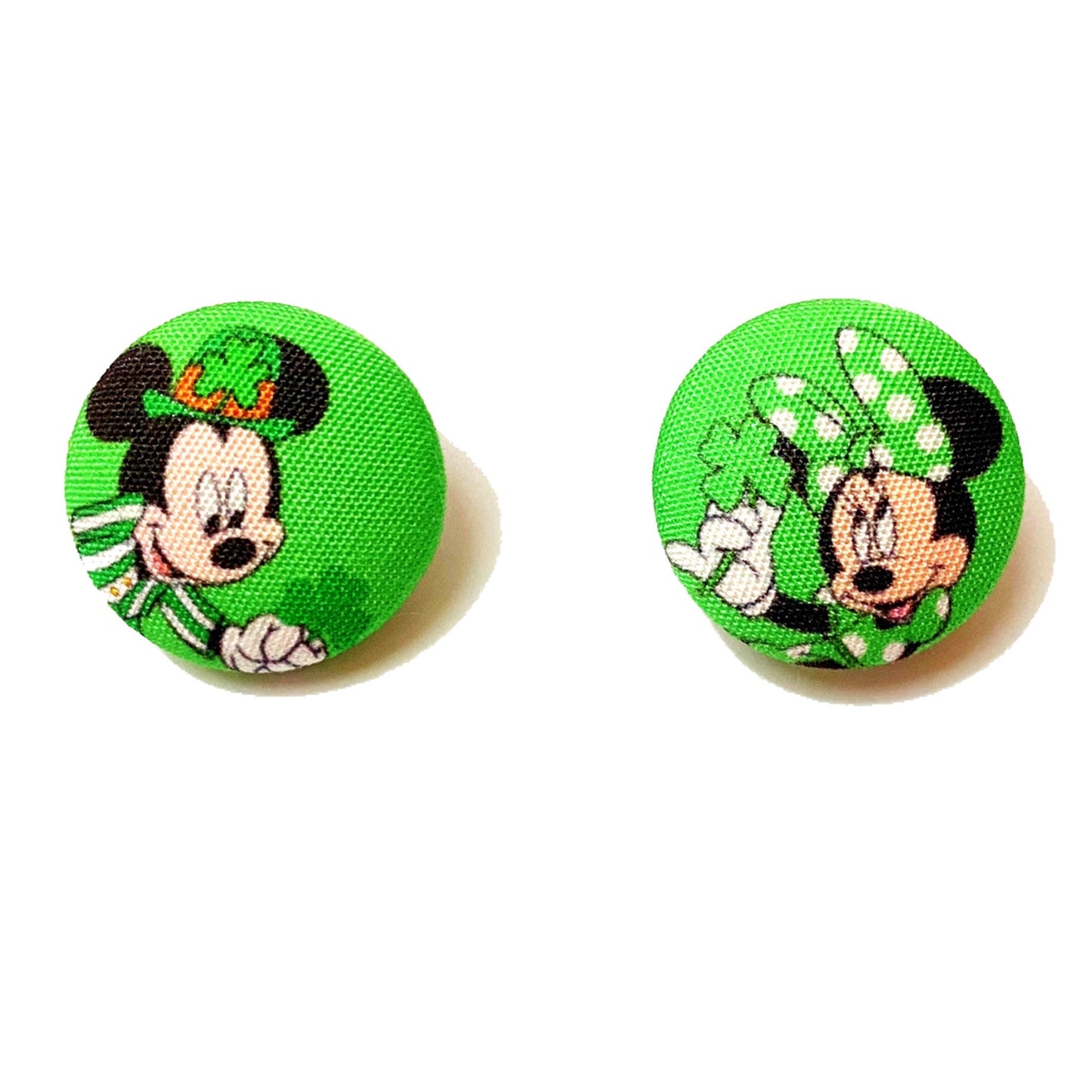 Mouse Couple St. Patty's Day Fabric Button Earrings