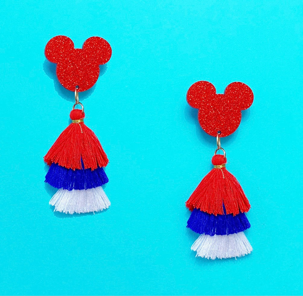 Red, White & Blue Sparkle Mouse Triple Layer Tassel Drop Earrings