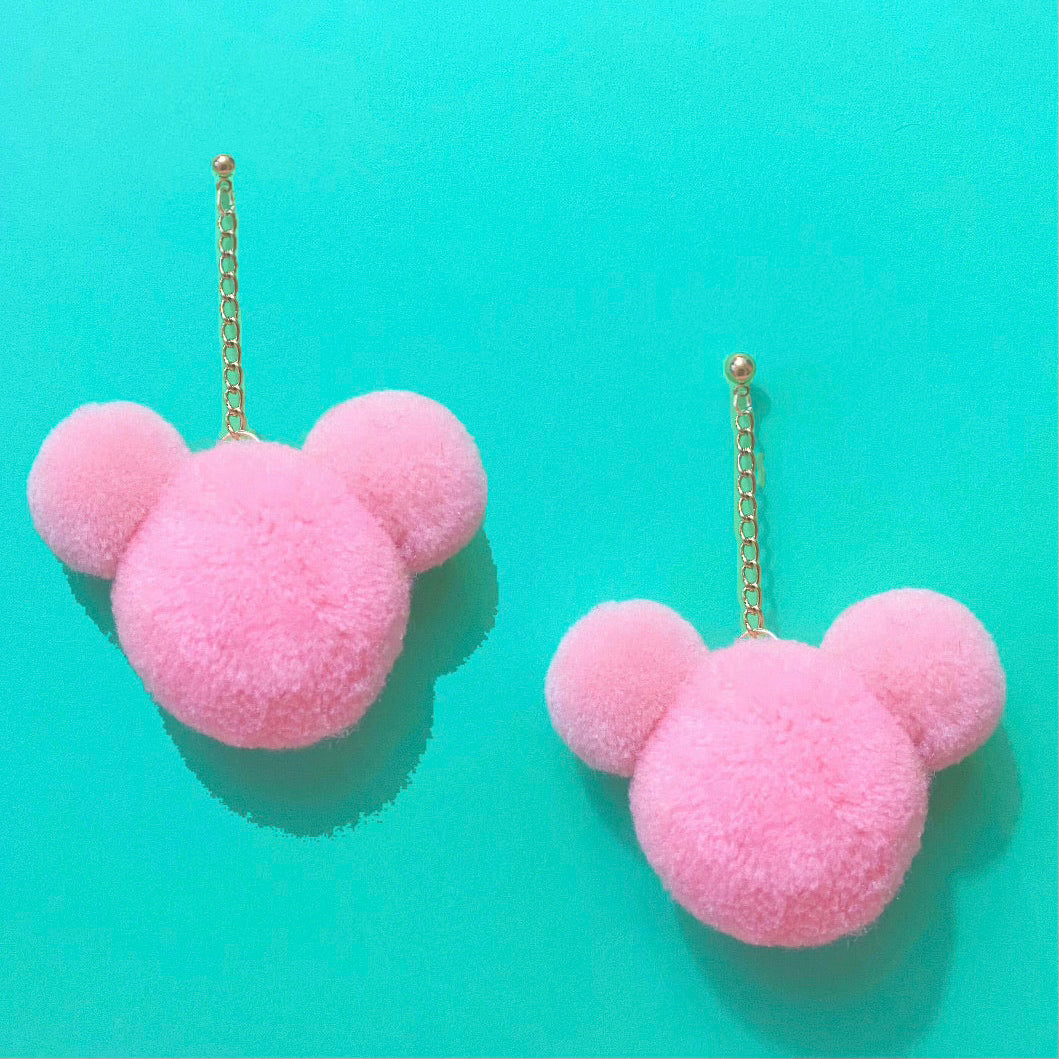 Light Pink Mouse Yarn Pom Pom Hanging Drop Earrings