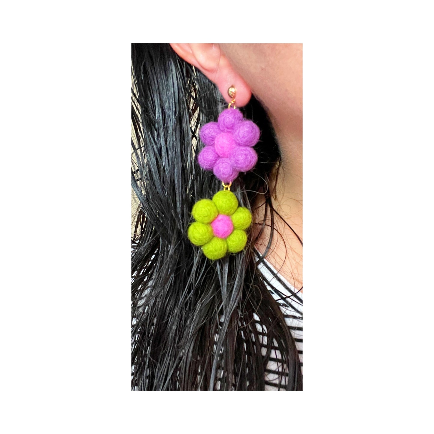 Bright Multicolor Double Flower Wool Felt Drop Earrings