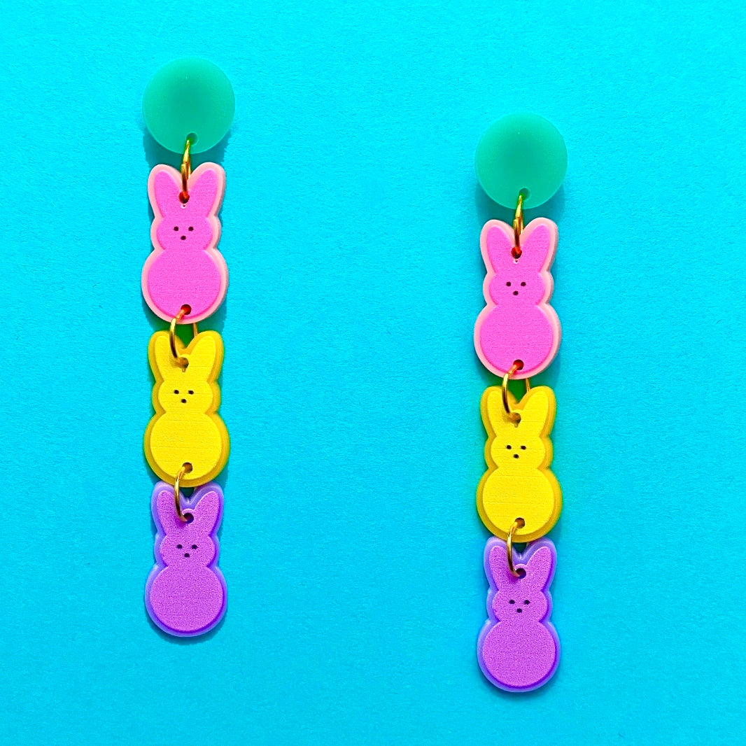 Pastel Bunny Peeps Tiered Acrylic Drop Earrings