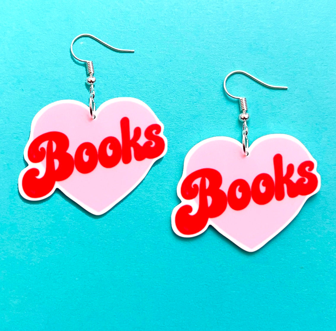 Pink Retro Books Heart Acrylic Drop Earrings