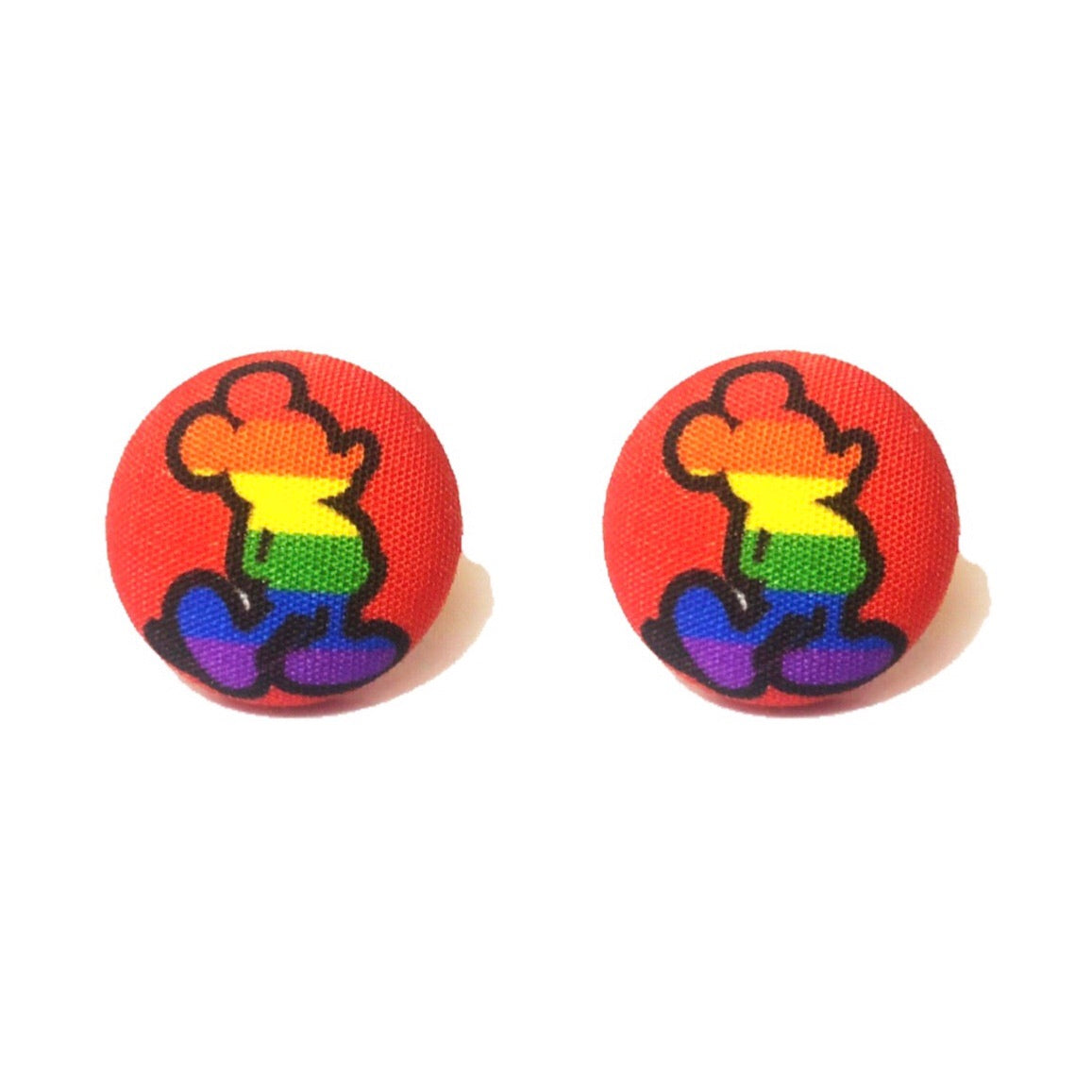 Rainbow Mouse Silhouette Fabric Button Earrings