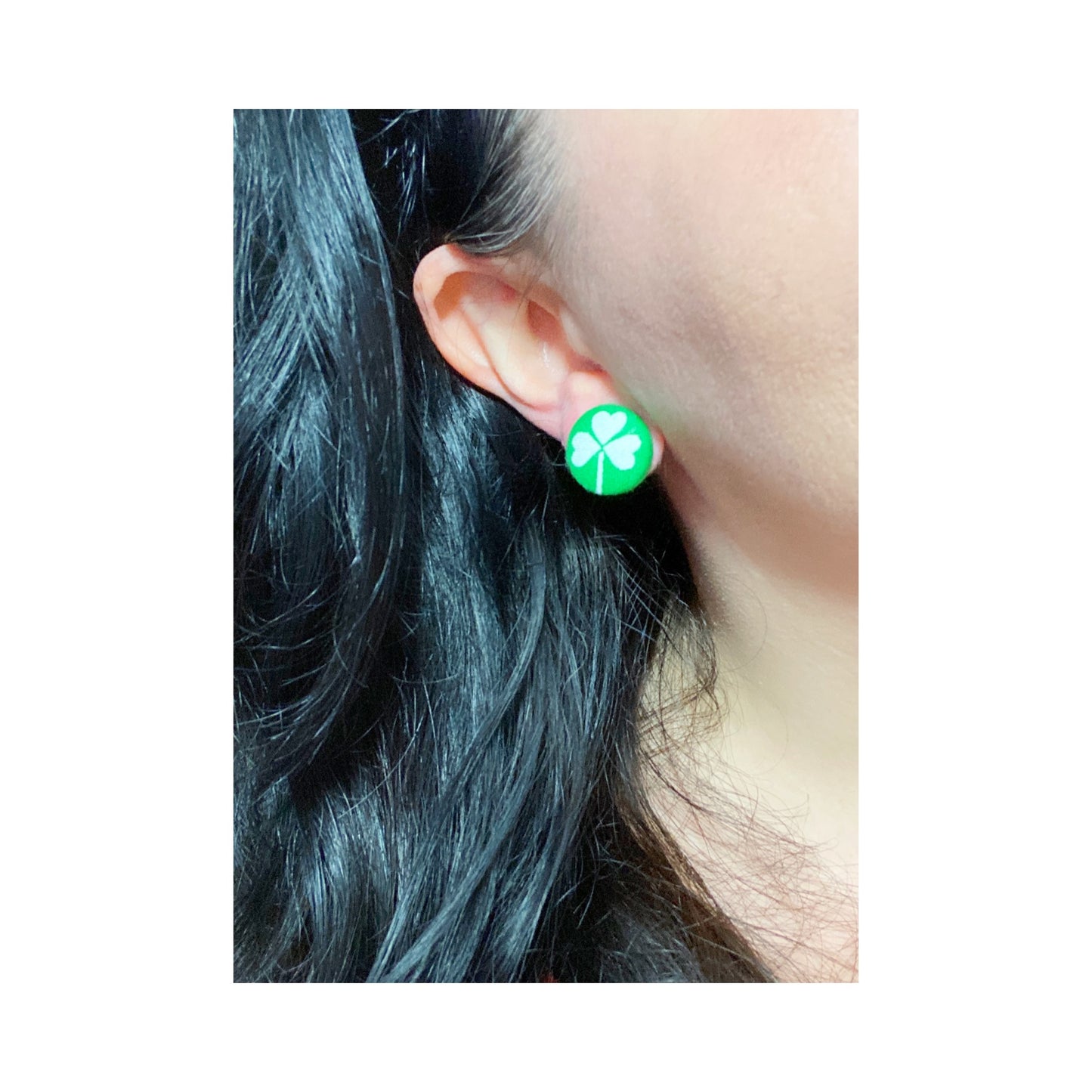 Four Leaf Clover Shamrock Green Fabric Button Earrings