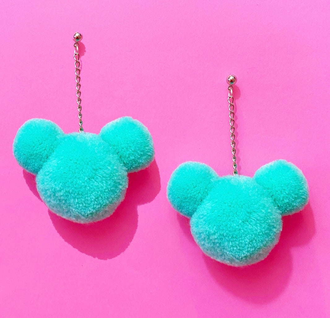 Mint Aqua Mouse Yarn Pom Pom Hanging Drop Earrings