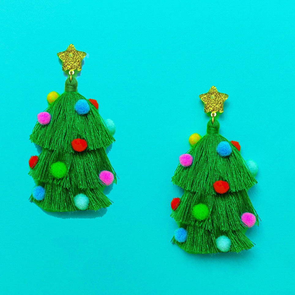 Christmas Tree Tassel Pom Pom Drop Earrings