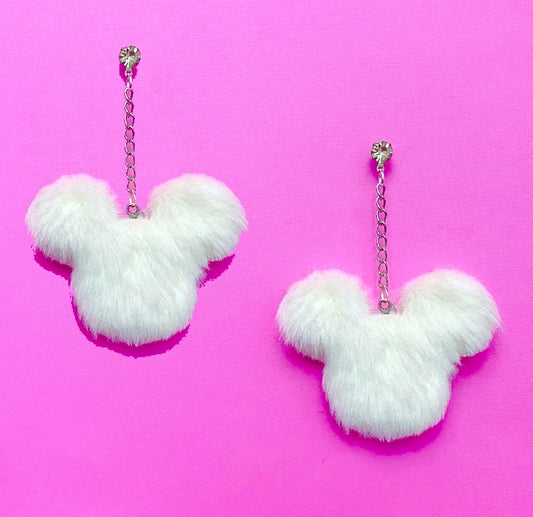 White Plush Faux Mink Mouse Pom Pom Hanging Drop Earrings