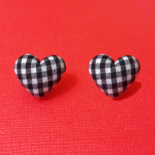 Black Gingham Heart Shaped Fabric Button Earrings
