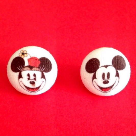 Vintage Mouse Couple Fabric Button Earrings