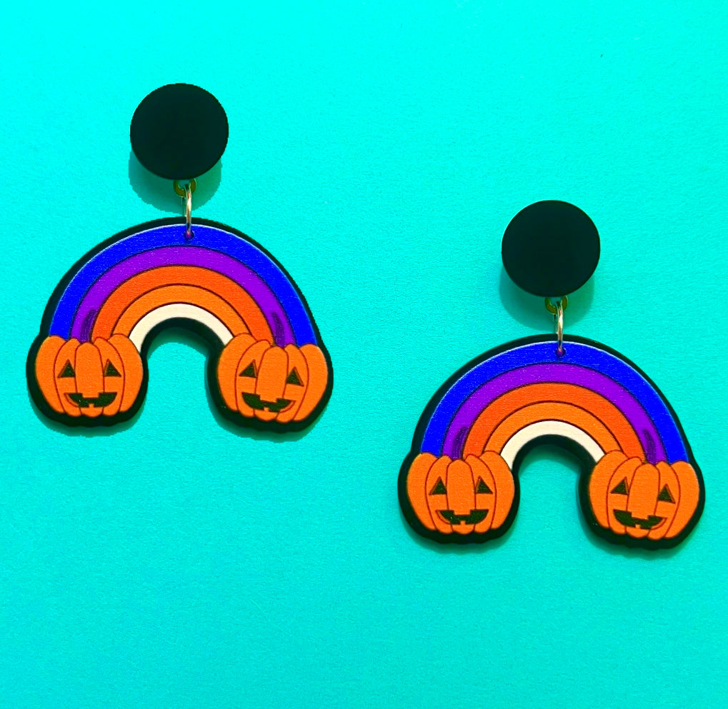 Rainbow Jack-O-Lantern Halloween Inspired Acrylic Drop Earrings