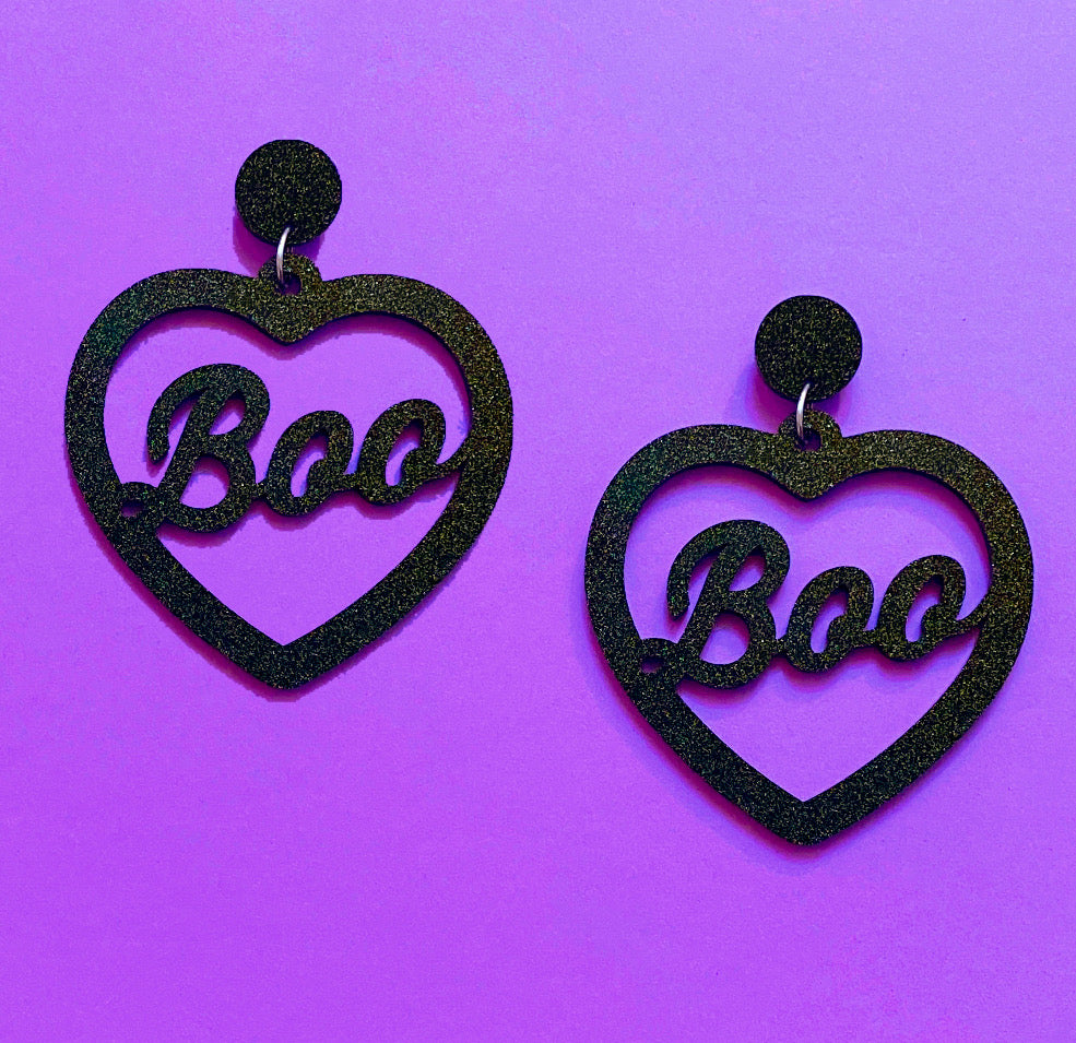Black Glitter “Boo” Heart Acrylic Drop Earrings
