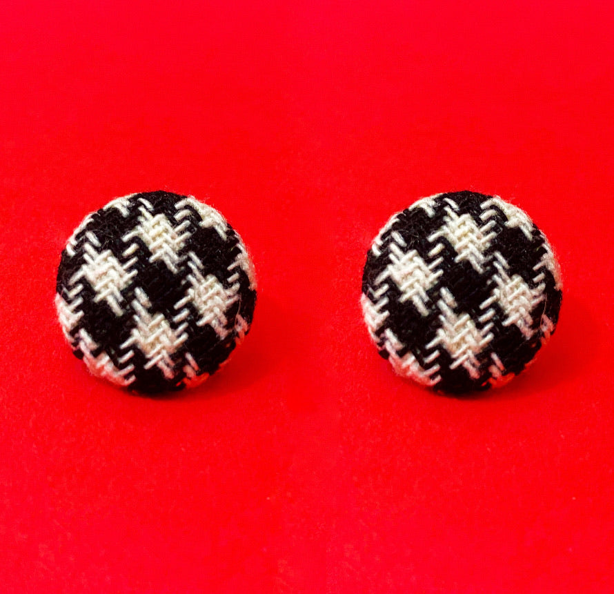 Houndstooth Round Fabric Button Earrings