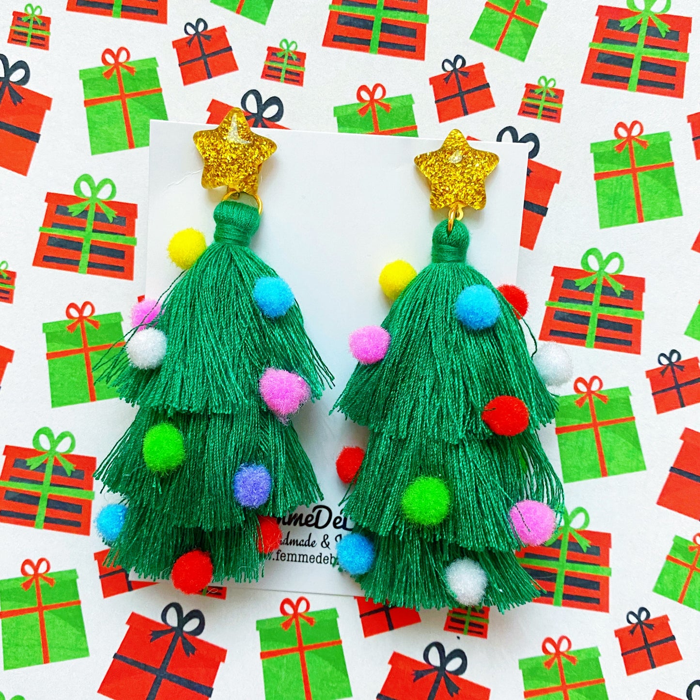 Christmas Tree Tassel Pom Pom Drop Earrings