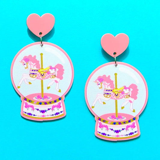 Pink Carousel Horse Inspired Acrylic Drop Earrings