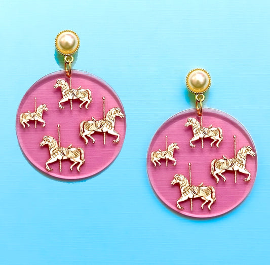 Carousel Horse Print Round Acrylic Drop Earrings